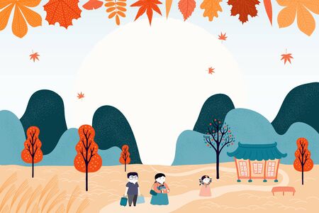 Hand drawn vector illustration for Korean holiday Chuseok, with country landscape, family visiting grandparents, falling leaves, full moon. Flat style design. Concept for card, poster, banner.のイラスト素材