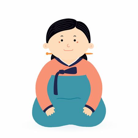 Hand drawn vector illustration of a cute cartoon woman in hanbok, traditional Korean clothes. Isolated on white. Flat style design. Concept for holiday card, poster, banner, travel, tourism in Korea.のイラスト素材