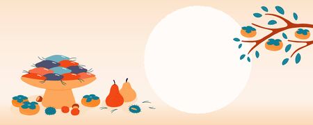 Hand drawn vector illustration for Korean holiday Chuseok, with persimmons, mooncakes, chestnuts, jujube, pears, pine needles, full moon, leaves. Flat style design. Concept for card, poster, banner.のイラスト素材