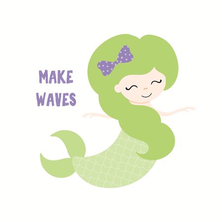 Hand drawn vector illustration of a cute funny green mermaid with a ribbon, with quote Make Waves. Isolated objects on white background. Flat style design. Color drawing. Concept for summer kids printのイラスト素材