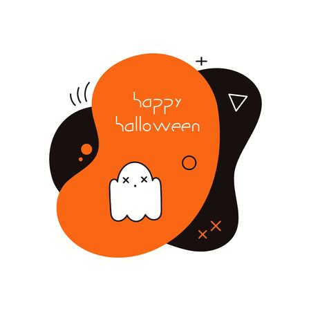 Banner, party invitation design element with abstract shapes, ghost, text Happy Halloween, orange, black. Isolated objects on white background. Hand drawn vector illustration. Holiday decor concept.のイラスト素材