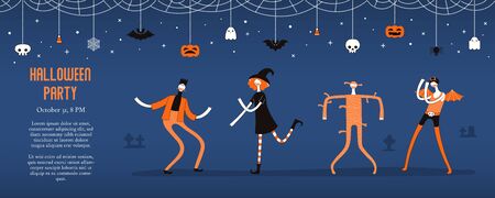 Halloween banner, invitation, background design concept with dancing people in costumes, bunting with pumpkins, bats, ghosts, spider webs, skulls, corn candy, text. Hand drawn vector illustration.のイラスト素材