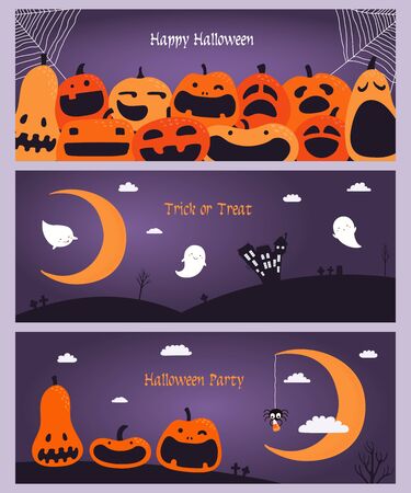 Set of horizontal Halloween banners with pumpkins, flying ghosts, spider webs, crescent moon, text. Hand drawn vector illustration. Design element for party invitation, holiday background. Flat style.のイラスト素材