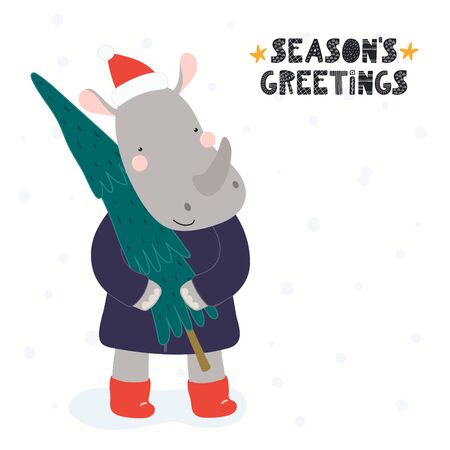 Hand drawn Christmas card with cute rhino in Santa Claus hat, with tree, quote Merry Christmas. Vector illustration. Isolated objects on white. Scandinavian style flat design. Concept for kids print.のイラスト素材