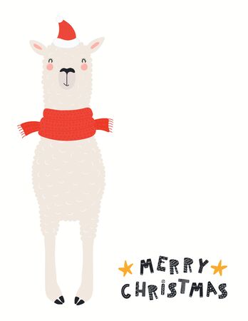 Hand drawn card with cute funny llama in Santa Claus hat, scarf, quote Merry Christmas. Vector illustration on white background. Scandinavian style flat design. Concept for children print, inviteのイラスト素材