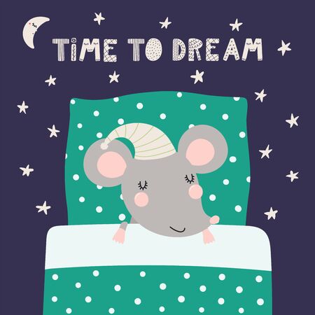 Hand drawn vector illustration of a cute sleeping mouse in nightcap, with pillow, blanket, lettering quote Time to dream, on dark background. Scandinavian style flat design. Concept for children printのイラスト素材