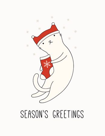 Hand drawn card, banner with cute cat in Santa Claus hat, stocking, snowflakes, text Seasons greetings. Vector illustration. Line drawing. Isolated objects. Design concept for Christmas print, invite.のイラスト素材