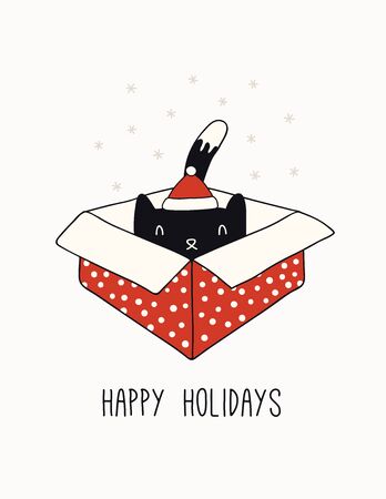Hand drawn card, banner with cute cat in Santa Claus hat, in a box, text Happy holidays. Vector illustration. Line drawing. Isolated objects on white. Design concept for Christmas print, invite.のイラスト素材