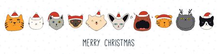 Hand drawn card, banner with different cute cats faces in Santa Claus hats, text Merry Christmas. Vector illustration. Line drawing. Isolated objects. Design concept for holiday print, invite.のイラスト素材
