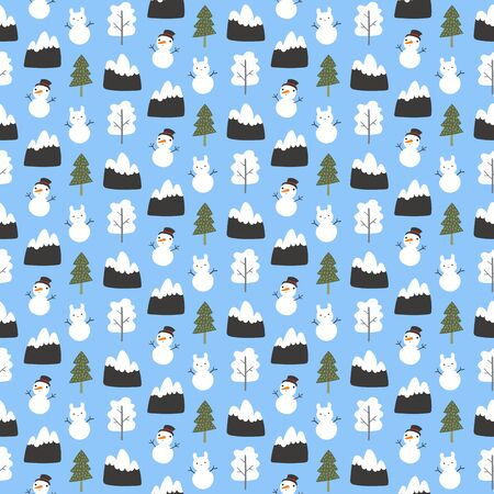 Hand drawn seamless vector pattern with winter landscape, cute snowmen, mountains, trees, on a bright blue background. Scandinavian style flat design. Concept for children textile print, wallpaper.のイラスト素材