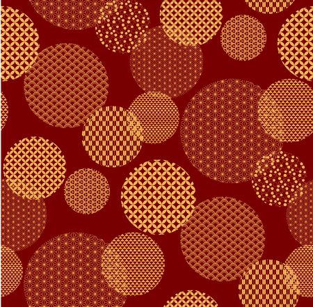 Chinese New Year seamless geometric pattern with traditional patterns circles, golden on red. Vector illustration. Flat style design. Concept for holiday banner, card, print, packaging, wrapping paperのイラスト素材