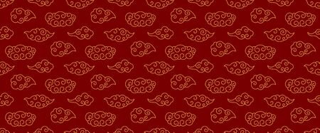 Hand drawn seamless vector pattern with gold oriental style clouds on a red background. Design concept for Chinese New Year, Mid Autumn Festival banner, print, packaging, wrapping paper. Line art.のイラスト素材