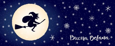 Hand drawn vector illustration with witch Befana flying on broomstick, moon, snowflakes, Italian text Buona Befana, Happy Epiphany. Flat style design. Concept for holiday card, poster, banner.のイラスト素材
