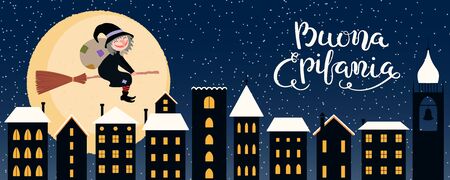 Hand drawn vector illustration with witch Befana with sack flying on broomstick over city, moon, Italian text Buona Epifania, Happy Epiphany. Flat style design. Concept holiday card, poster, banner.のイラスト素材