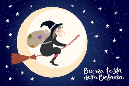 Hand drawn vector illustration with witch Befana flying on broomstick, moon, stars, Italian text Buona Festa della Befana, Happy Epiphany. Flat style design. Concept for holiday card, poster, banner.のイラスト素材