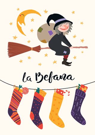 Hand drawn vector illustration with witch Befana with sack flying on broomstick, stockings, moon, stars, Italian text La Befana. Flat style design. Concept for Epiphany holiday card, poster, banner.のイラスト素材