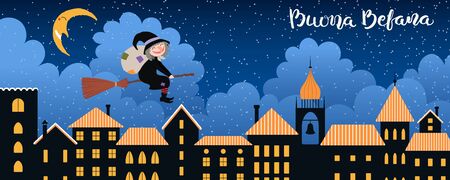Hand drawn vector illustration with witch Befana with sack flying on broomstick over city, Italian text Buona Befana, Happy Epiphany. Flat style design. Concept for holiday card, poster, banner.のイラスト素材