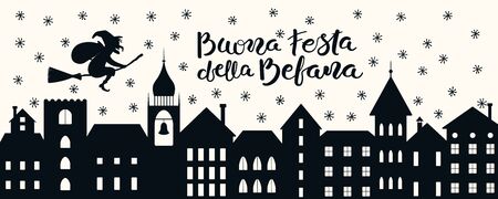 Hand drawn vector illustration with witch Befana flying on broomstick over city, Italian text Buona Festa della Befana, Happy Epiphany. Flat style design. Concept for holiday card, poster, banner.のイラスト素材