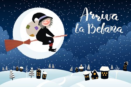 Hand drawn vector illustration with witch flying on broomstick over country landscape, Italian text Arriva la Befana, Befana arrives. Flat style design. Concept Epiphany holiday card, poster, banner.のイラスト素材