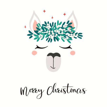 Hand drawn card with cute llama face in mistletoe crown, stars, text Merry Christmas. Vector illustration Isolated objects on white. Flat style design. Concept for holiday print, invite, gift tag.のイラスト素材
