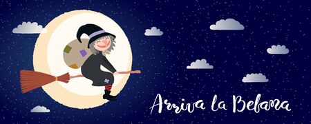 Hand drawn vector illustration with witch Befana flying on broomstick, moon, clouds, Italian text Arriva la Befana, Befana arrives. Flat style design. Concept for Epiphany holiday card, poster, bannerのイラスト素材