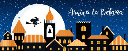 Hand drawn vector illustration with witch Befana flying on broomstick over city, Italian text Arriva la Befana, Befana arrives. Flat style design. Concept for Epiphany holiday card, poster, banner.のイラスト素材