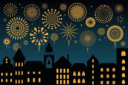 Vector illustration with golden fireworks in the night sky over the black city, place for text. Flat style design. Concept for New Year celebration, holiday background, card, poster, banner.のイラスト素材