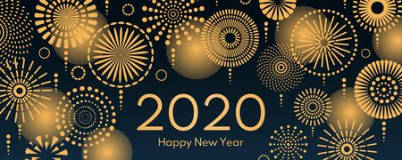 Vector illustration with bright golden fireworks on a dark blue background, text 2020 Happy New...