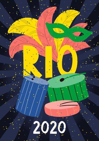 Hand drawn vector illustration with bright colorful feathers, drums, mask, confetti, text Rio 2020. Flat style design. Concept for Rio de Janeiro, Brazilian carnival poster, flyer, banner.のイラスト素材