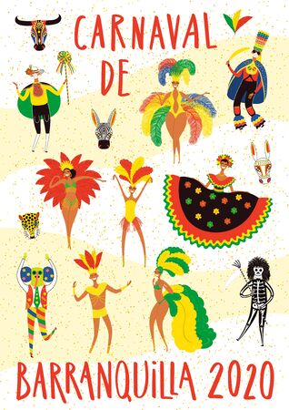 Hand drawn vector illustration with people in traditional costumes, animal masks, Spanish text Carnaval de Barranquilla 2020. Flat style design. Concept for Colombian carnival poster, flyer, banner.のイラスト素材