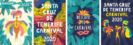 Set of Santa Cruz de Tenerife Carnival posters with dancing girls in bright costumes, colorful feathers, tropical leaves, text. Hand drawn vector illustration. Flat style design. Concept flyer, bannerのイラスト素材