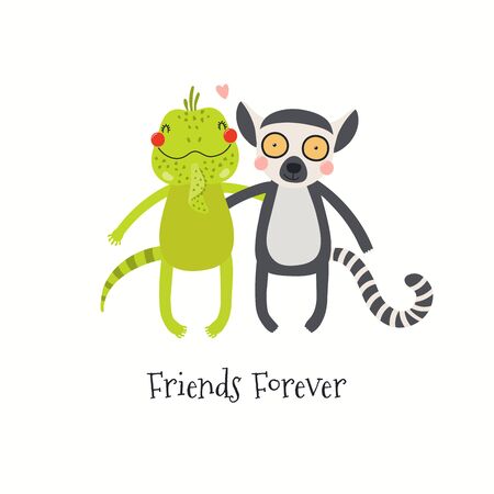 Hand drawn Valentines day card with cute iguana, lemur hugging, quote Friends forever. Vector illustration. Isolated on white background. Scandinavian style flat design. Concept for kids print, inviteのイラスト素材