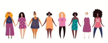 Hand drawn vector illustration of diverse modern girls together. Isolated people on white. Flat style design. Concept, element for feminism, womens day card, poster, banner. Female cartoon characters.のイラスト素材