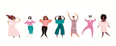 Set of diverse beautiful girls in casual clothes. Hand drawn vector illustration. Isolated objects on white background. Flat style design. Female cartoon character. Modern woman concept, element.のイラスト素材