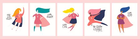 Set of womens day card, banner designs with beautiful women superheroes and quotes. Hand drawn vector illustration. Flat style. Concept, element for feminism, girl power. Female cartoon characters.のイラスト素材