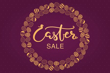 Card, invite, banner design with frame of different eggs with patterns, text Easter sale. Gold on purple background. Vector illustration. Concept for holiday celebration decor element. Flat style.のイラスト素材