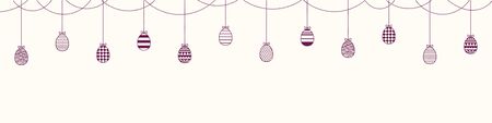 Card, banner design with garland, bunting of different eggs with patterns, bows. Purple on white background. Vector illustration. Concept for holiday celebration decor element. Flat style.のイラスト素材