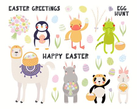 Big Easter set with cute animals, eggs, flowers, quotes. Isolated objects on white background. Hand drawn vector illustration. Scandinavian style flat design. Concept kids holiday print, card, invite.のイラスト素材