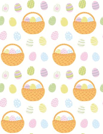 Hand drawn seamless vector pattern with cartoon painted eggs, baskets, on a white background. Scandinavian style flat design. Concept for Easter kids print, wallpaper, wrapping paper, packaging.のイラスト素材