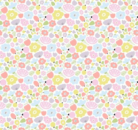 Hand drawn seamless ditsy vector pattern with cartoon pastel flowers on white background. Scandinavian style flat design. Concept for Easter, spring textile print, wallpaper, wrapping paper, packagingのイラスト素材