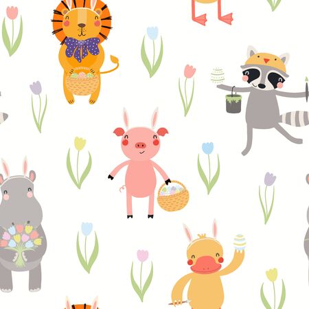 Hand drawn seamless vector pattern with cute animals in bunny costumes, painted eggs, on a white background. Scandinavian style flat design. Concept for Easter kids textile print, wallpaper, packagingのイラスト素材