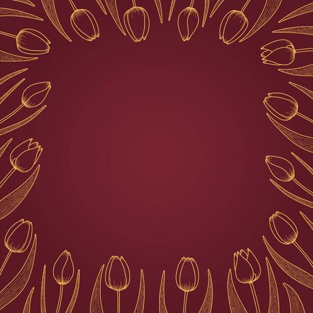 Floral frame of tulip flowers, golden on red background, with space for text. Hand drawn vector illustration. Line art. Design concept for summer, spring, Mothers Day print, card, banner element.のイラスト素材