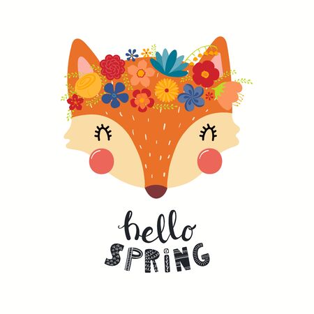Hand drawn vector illustration of a cute fox face in a flower crown, with lettering quote Hello Spring. Isolated objects on white. Scandinavian style flat design. Concept for children print.のイラスト素材