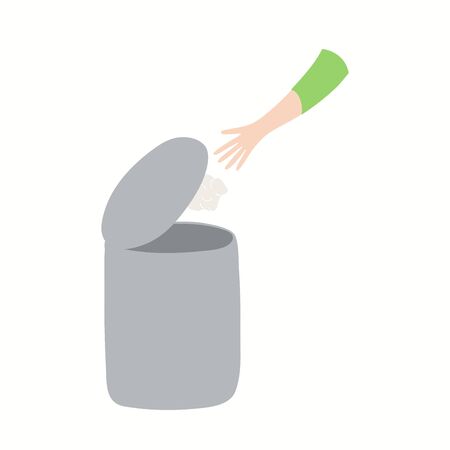 Coronavirus epidemic concept. Throwing used tissue in a bin, isolated on white. Hand drawn vector illustration. Poster, flyer. Flat style design. Covid-19 protection, prevention information.のイラスト素材