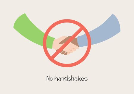 Coronavirus epidemic, safe greeting concept. Handshake and stop sign, with text, isolated. Hand drawn vector illustration. Poster, flyer. Flat style design. Covid-19 protection, prevention informationのイラスト素材