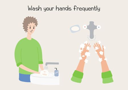 Coronavirus epidemic concept. Man washing hands with soap and water, with text, isolated. Hand drawn vector illustration. Poster, flyer. Flat style design. Covid-19 protection, prevention information.のイラスト素材
