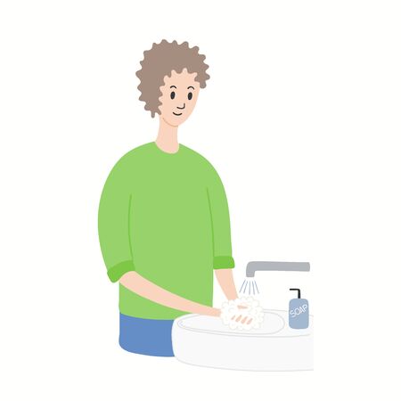 Coronavirus epidemic concept. Man washing hands with soap and water, isolated on white. Hand drawn vector illustration. Poster, flyer. Flat style design. Covid-19 protection, prevention information.のイラスト素材