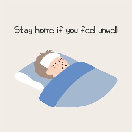 Coronavirus epidemic concept. Sick person with fever in bed, with text, isolated. Hand drawn vector illustration. Poster, flyer, banner element. Flat style design. Covid-19 protection, prevention.のイラスト素材