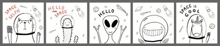 Collection of cards, posters with cute funny alien, animals, cactus astronauts, rocket, planets, space quotes. Hand drawn childish vector illustration. Line drawing. Design concept for children print.のイラスト素材