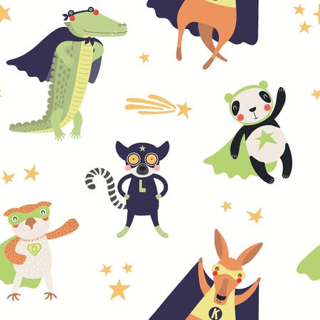Hand drawn seamless vector pattern with cute animal superheroes, on a white background. Scandinavian style flat design. Concept for children textile print, wallpaper, wrapping paper, packaging.のイラスト素材